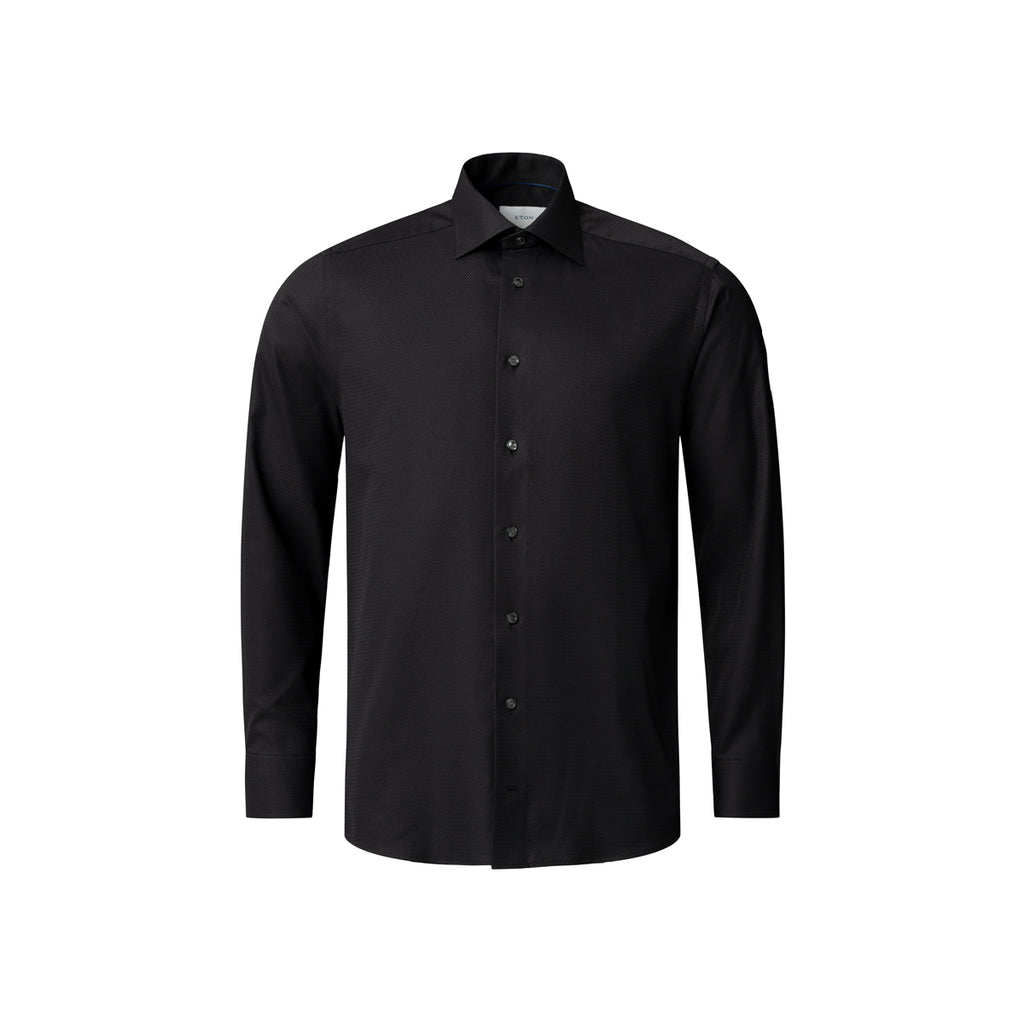 A black long-sleeve button-down dress shirt with a classic pointed collar, shown on a plain white background. Eton Shirt available at Sakks Menswear in Southampton.