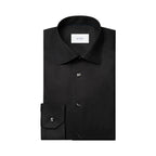 A folded black long-sleeve dress shirt with a subtle micro-texture pattern, featuring a pointed collar, button-down front, and a single-button cuff. The brand label 'ETON' is visible inside the collar. Eton Shirt available at Sakks Menswear in Southampton.