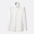 A white long-sleeve button-down dress shirt with a classic collar and light-coloured buttons, displayed on a clean, light grey background. Eton Shirt available at Sakks Menswear in Southampton.