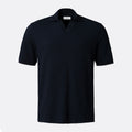 A dark navy blue short-sleeve polo shirt with a classic collar, displayed on a clean, light grey background. Eton Polo available at Sakks Menswear in Southampton.