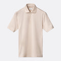 A light beige short-sleeve polo shirt with a classic collar and a two-button placket, displayed flat against a light grey background. Eton Polo Available at Sakks Menswear in Southampton.