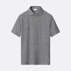 A short-sleeve polo shirt in heather grey, featuring a classic collar and a three-button placket, displayed against a light grey background. Eton Polo. Sakks Menswear Southampton.