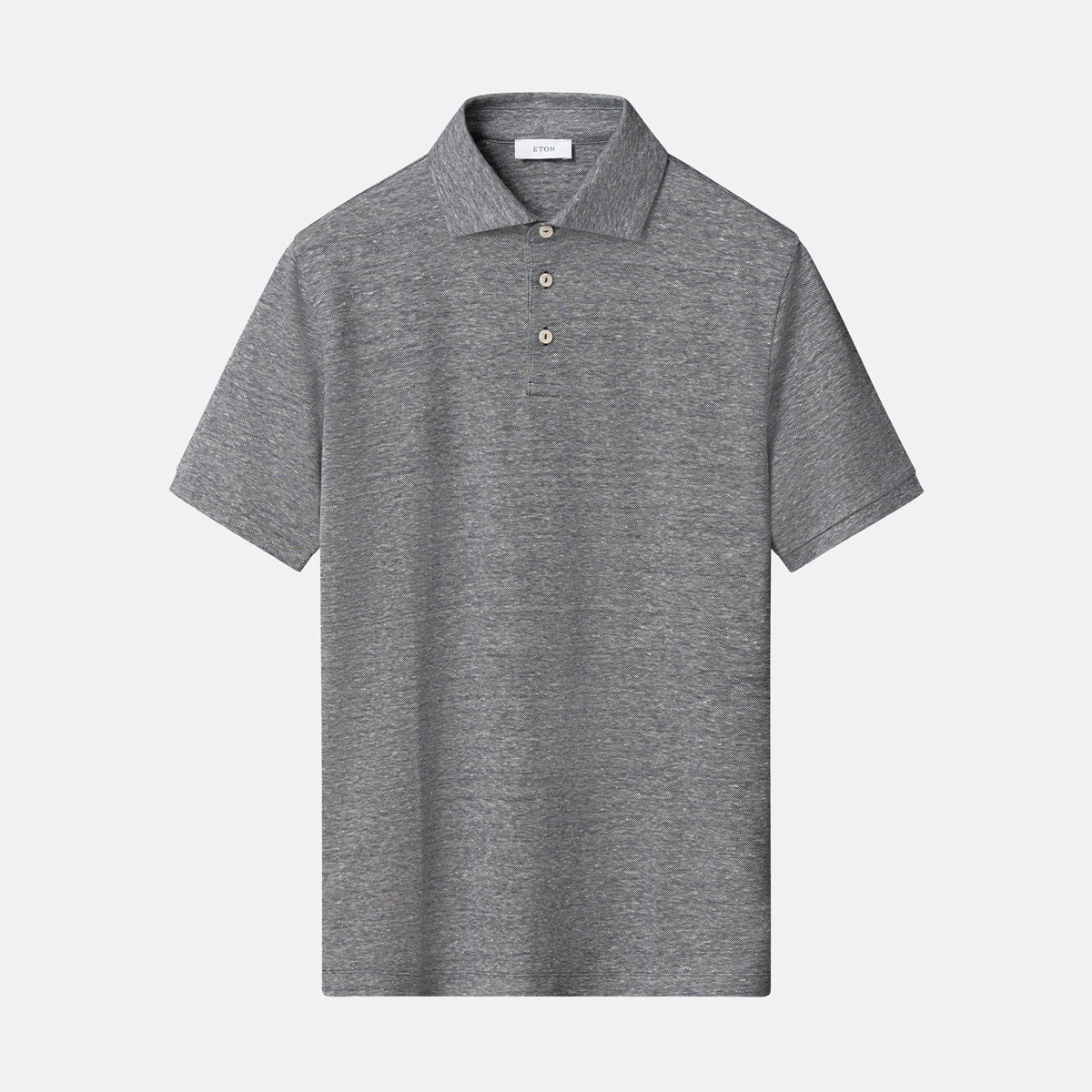 A short-sleeve polo shirt in heather grey, featuring a classic collar and a three-button placket, displayed against a light grey background. Eton Polo. Sakks Menswear Southampton.
