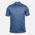 A short-sleeve polo shirt in a heathered medium blue color, featuring a three-button placket and a classic collar, displayed on a light gray background. Eton Polo Shirt. Sakks Menswear Southampton.
