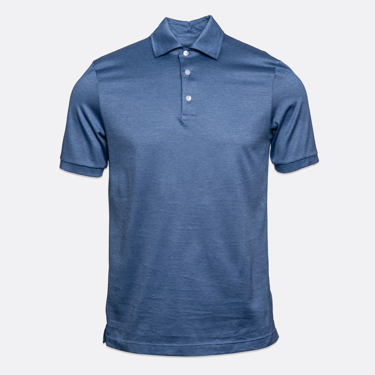 A short-sleeve polo shirt in a heathered medium blue color, featuring a three-button placket and a classic collar, displayed on a light gray background. Eton Polo Shirt. Sakks Menswear Southampton.