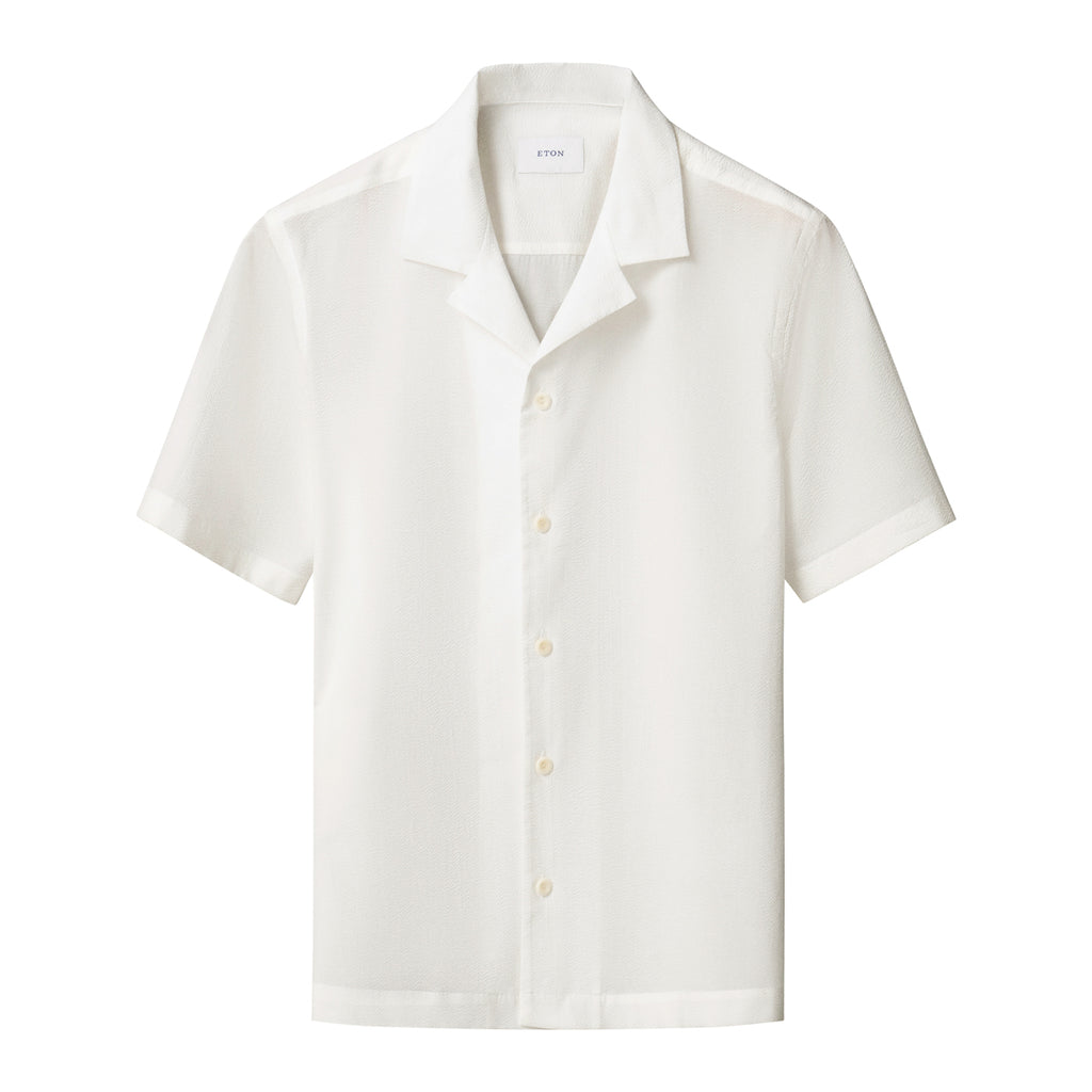 A white short-sleeve button-up shirt with a relaxed collar, displayed flat against a solid white background. Eton Short Sleeve Shirt Sakks Menswear Southampton.