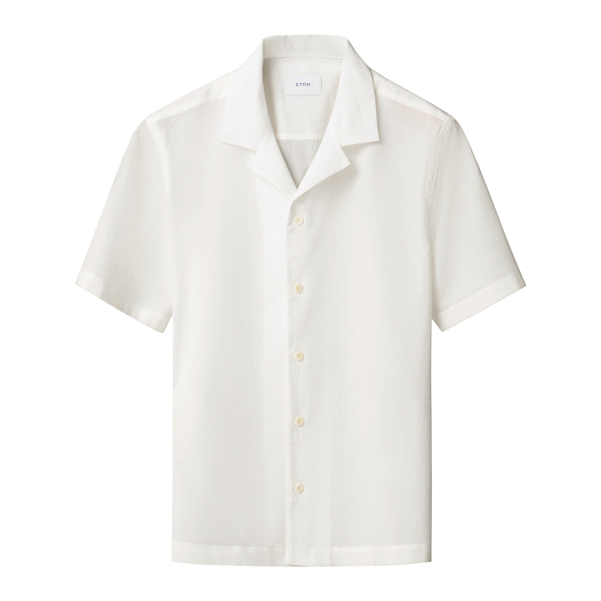 A white short-sleeve button-up shirt with a relaxed collar, displayed flat against a solid white background. Eton Short Sleeve Shirt Sakks Menswear Southampton.