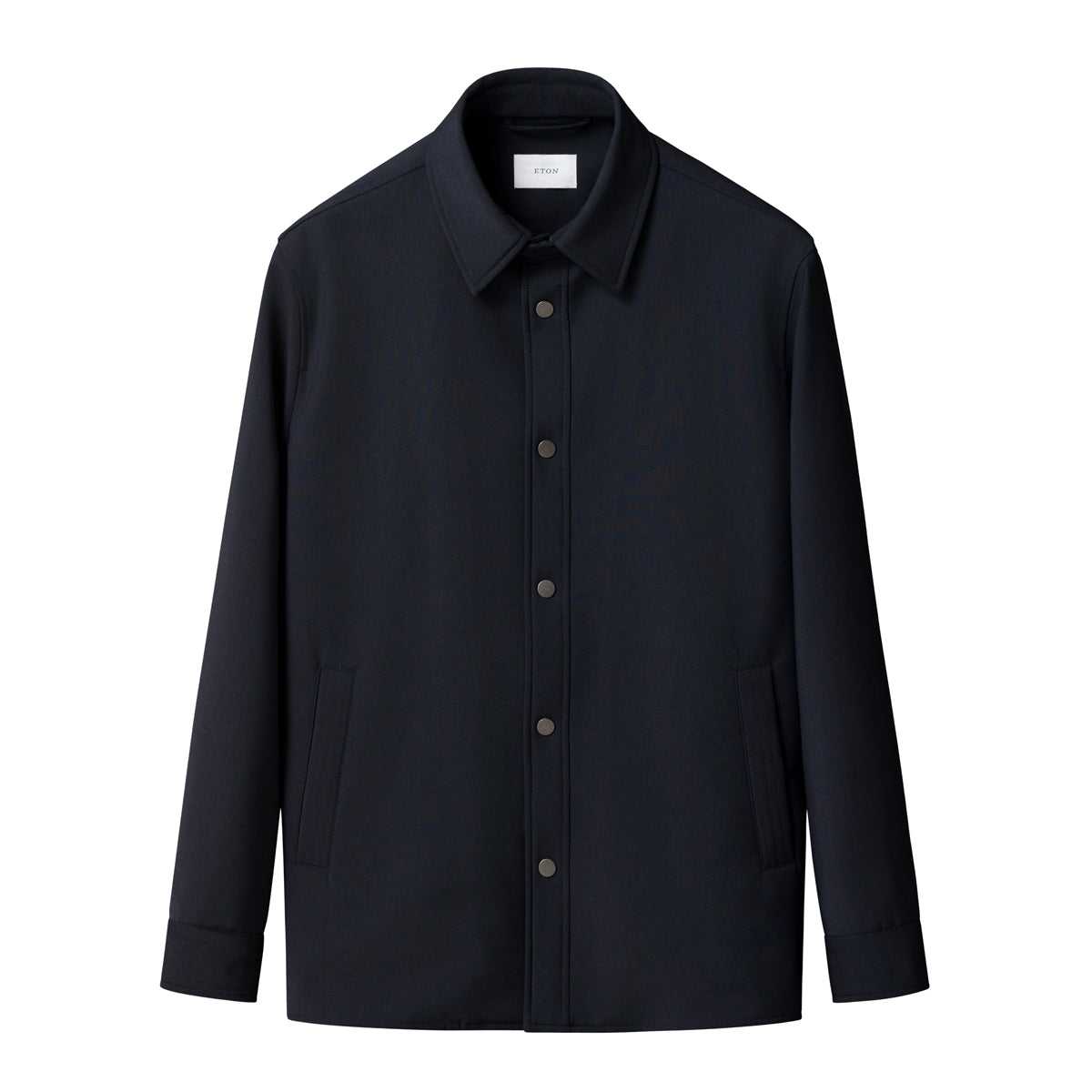 A dark navy blue long-sleeve button-up jacket with a pointed collar and side pockets, shown against a plain white background. Eton Shirt Jacket. Sakks Menswear Southampton.