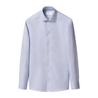 A light blue long-sleeve dress shirt with a spread collar and white buttons, shown flat against a solid white background. Eton Shirt. Sakks Menswear Southampton.