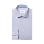 A light blue and white micro-check patterned dress shirt by ETON, neatly folded with a spread collar and a single cuff, shown on a solid white background. Eton Shirt. Sakks Menswear Southampton.