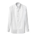 A white long-sleeve button-up shirt with a pointed collar, black buttons, and front pleat details, shown on a plain white background. Eton Dinner Shirt. Sakks Menswear Southampton.