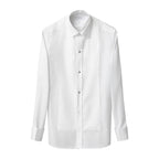 A white long-sleeve button-up shirt with a pointed collar, black buttons, and front pleat details, shown on a plain white background. Eton Dinner Shirt. Sakks Menswear Southampton.