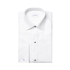A folded white long-sleeve dress shirt with a pointed collar, button-down front, and a single-button cuff, shown on a plain white background. The brand name 'ETON' is visible on the inner neck label. Eton Dinner Shirt. Sakks Menswear Southampton.