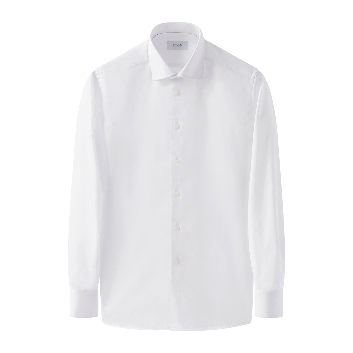 A white long-sleeve dress shirt with a classic collar and button-down front, shown on a clean white background. Eton Shirt. Sakks Menswear Southampton.