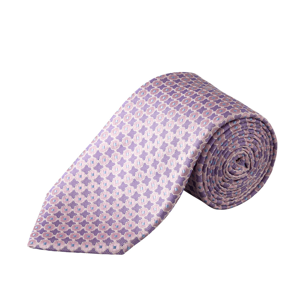 A rolled necktie with a repeating geometric pattern in lavender purple and light pink, displayed on a clean white background. Eton Ties available at Sakks Menswear in Southampton.
