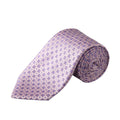 A rolled necktie with a repeating geometric pattern in lavender purple and light pink, displayed on a clean white background. Eton Ties available at Sakks Menswear in Southampton.