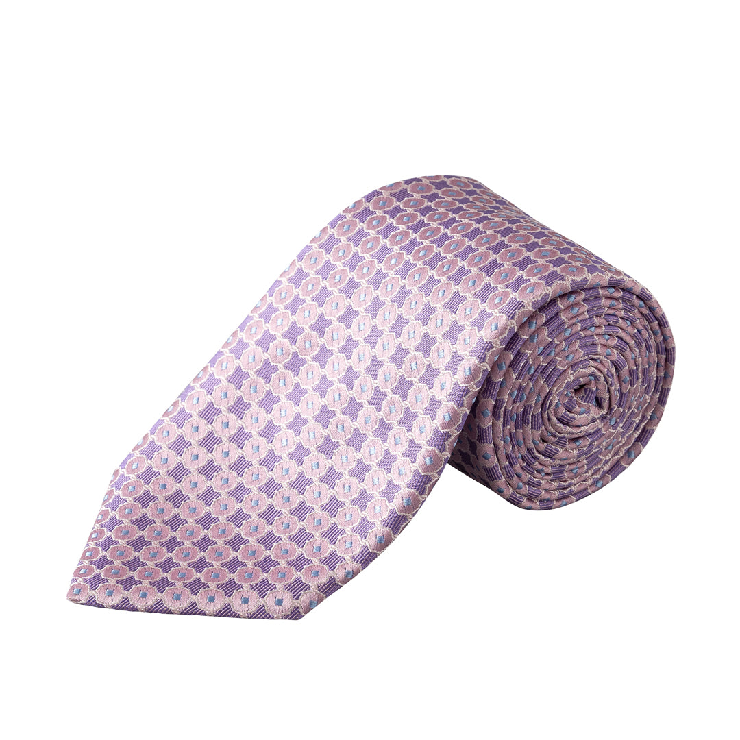 A rolled necktie with a repeating geometric pattern in lavender purple and light pink, displayed on a clean white background. Eton Ties available at Sakks Menswear in Southampton.