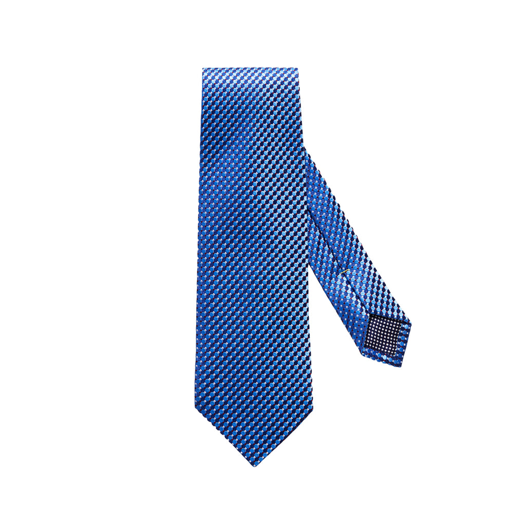 A blue necktie with a fine geometric pattern, shown on a plain white background. Eton Ties available at Sakks Menswear in Southampton.