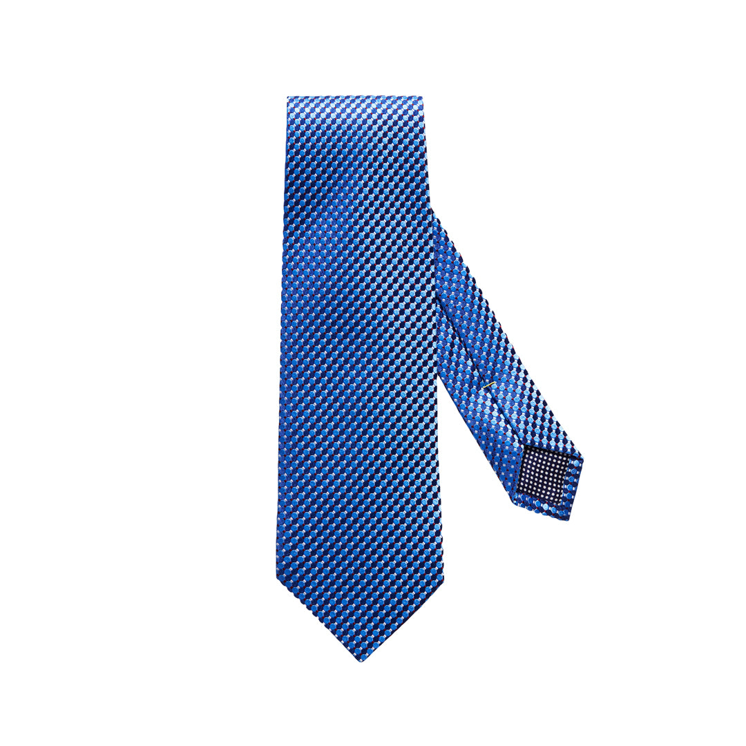 A blue necktie with a fine geometric pattern, shown on a plain white background. Eton Ties available at Sakks Menswear in Southampton.