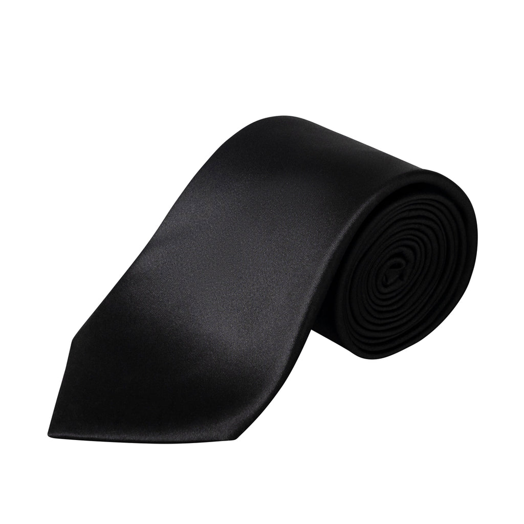 A classic black necktie with a satin-like finish, shown partially unrolled from its roll against a solid white background. Eton Ties available at Sakks Menswear in Southampton.