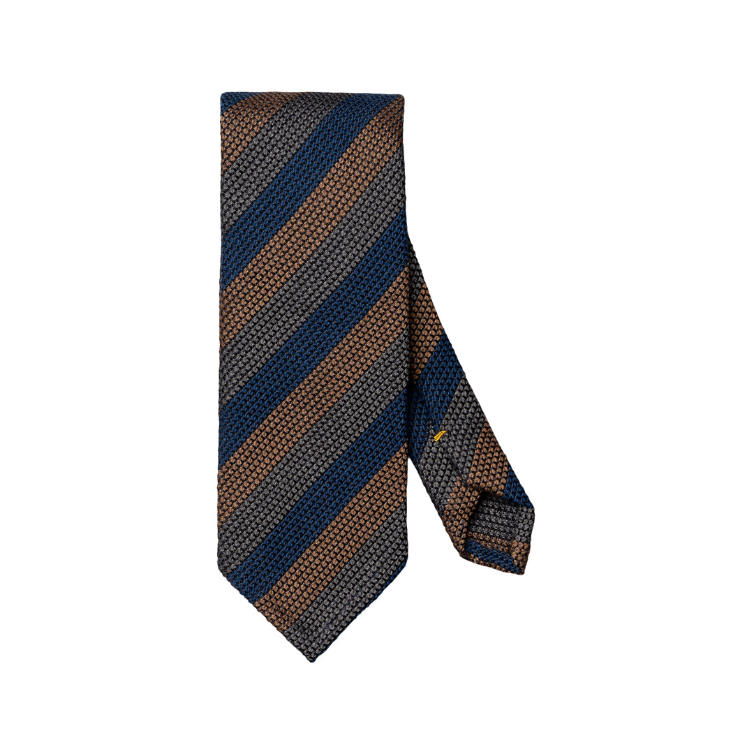 A classic necktie with diagonal stripes of navy blue, brown, and black in a fine micro-pattern, shown on a plain white background. Eton Ties available at Sakks Menswear in Southampton.