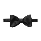 A classic pre-tied black satin bow tie displayed horizontally against a solid white background. Eton Bow Ties available at Sakks Menswear in Southampton.