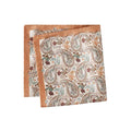 A folded square silk pocket square featuring a detailed paisley pattern in muted tones of brown, beige, and teal on a cream background, with a solid tan border. The brand name 'ETON' is partially visible in the pattern. Eton Pocket Square available at Sakks Menswear in Southampton.