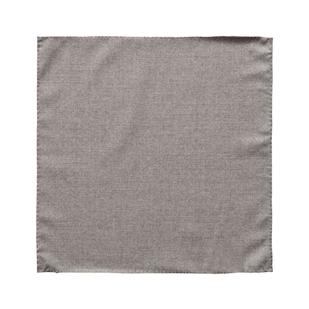 A square gray fabric pocket square with a fine woven texture and visible stitched edges, shown flat against a plain white background. Eton Pocket Square available at Sakks Menswear in Southampton.