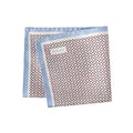 A folded square pocket square with a repeating geometric pattern in dark brown and white, finished with a light blue border. The brand name 'ETON' is printed on a small white label on one corner. Eton Pocket Square available at Sakks Menswear in Southampton.
