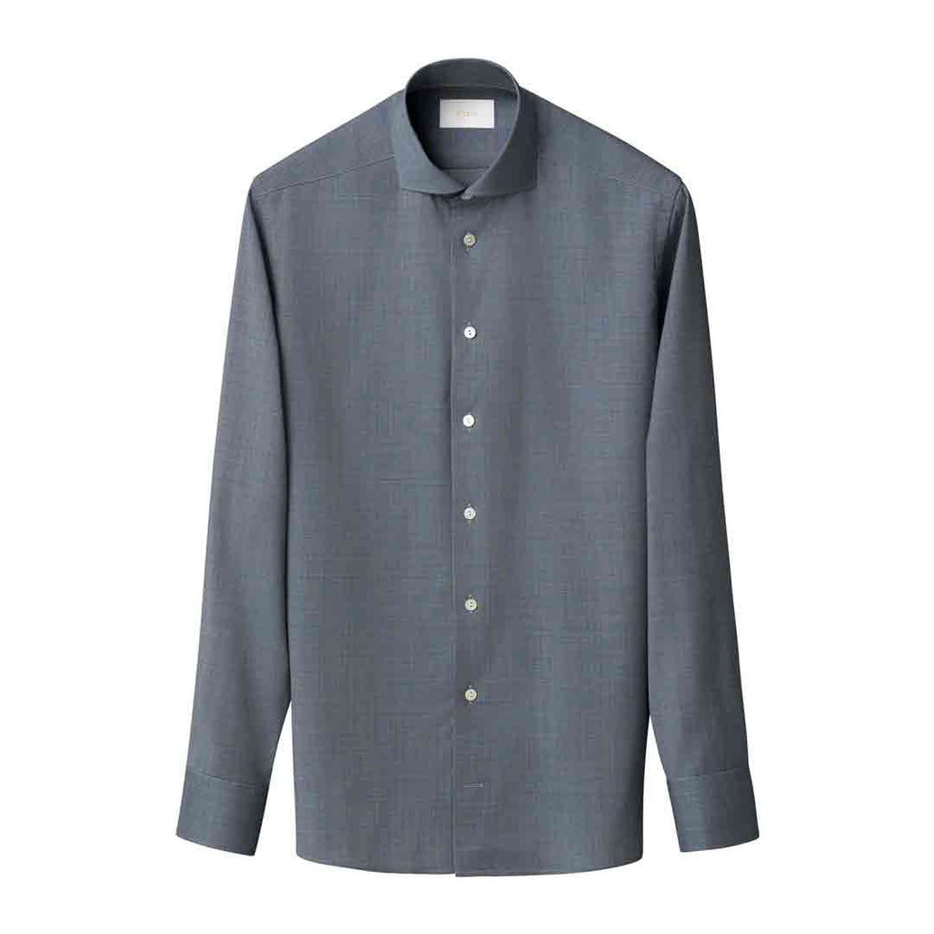A long-sleeve button-down shirt in a textured slate gray fabric, featuring a classic collar and a button-down front, displayed on a clean white background. Eton Shirt available at Sakks Menswear in Southampton.