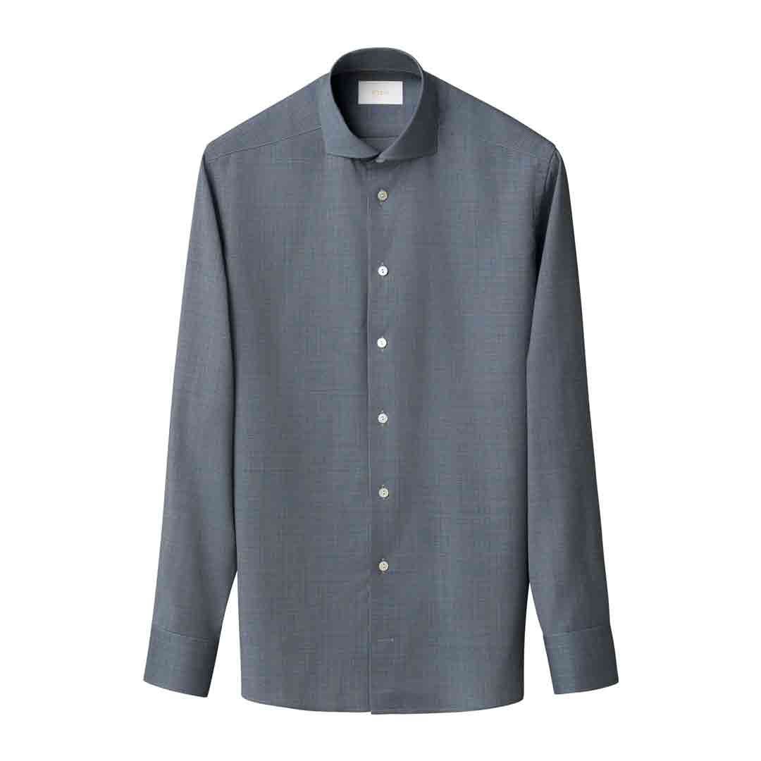 A long-sleeve button-down shirt in a textured slate gray fabric, featuring a classic collar and a button-down front, displayed on a clean white background. Eton Shirt available at Sakks Menswear in Southampton.