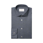 A folded gray micro-check dress shirt with a pointed collar, button-down front, and a single cuff, shown on a plain white background. Eton Shirt available at Sakks Menswear in Southampton.