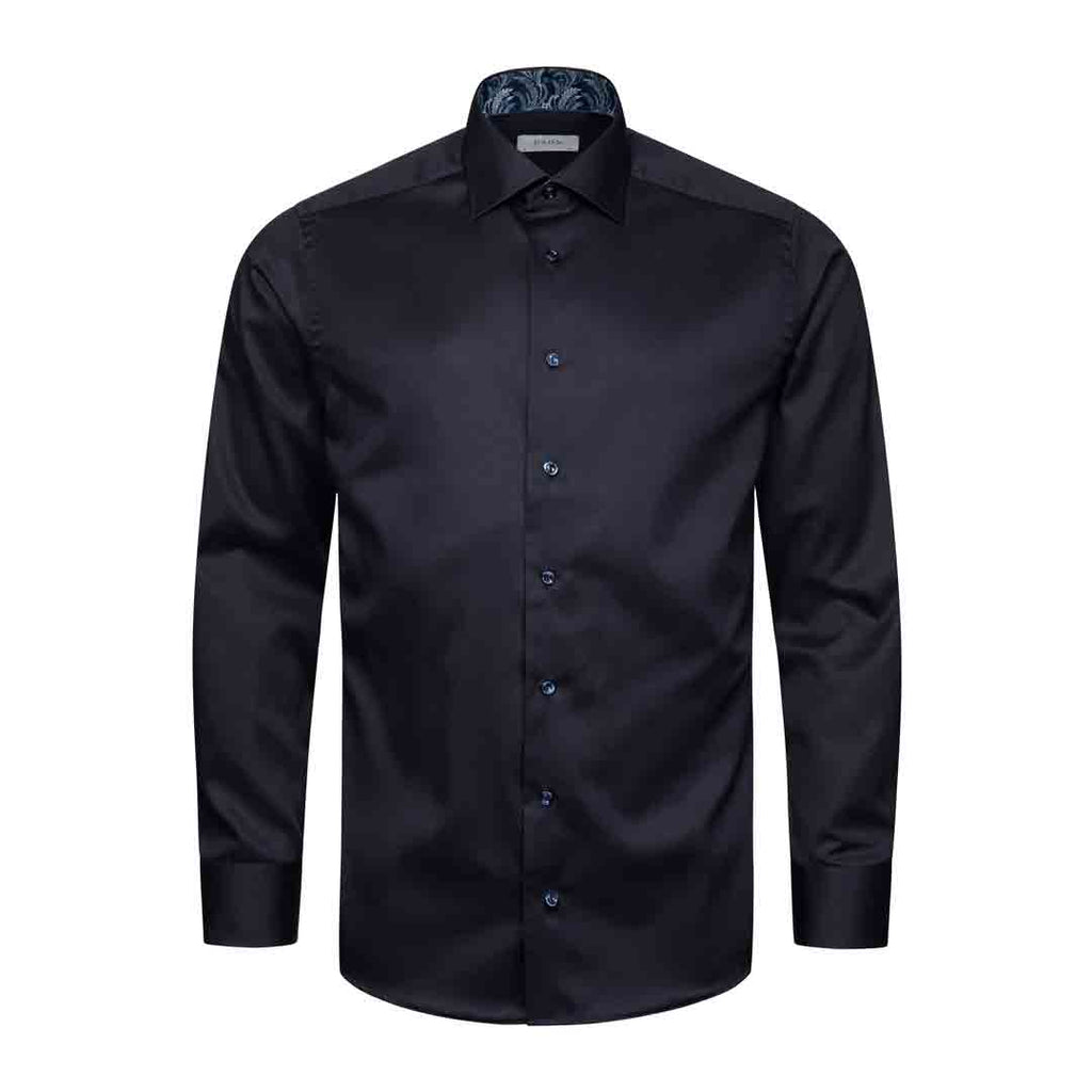 A men's long-sleeve dress shirt in black satin, featuring a pointed collar, button-down front, and matching dark buttons, displayed on a clean white background. Eton Shirt available at Sakks Menswear in Southampton.