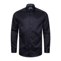 A men's long-sleeve dress shirt in black satin, featuring a pointed collar, button-down front, and matching dark buttons, displayed on a clean white background. Eton Shirt available at Sakks Menswear in Southampton.