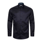 A men's long-sleeve dress shirt in black satin, featuring a pointed collar, button-down front, and matching dark buttons, displayed on a clean white background. Eton Shirt available at Sakks Menswear in Southampton.