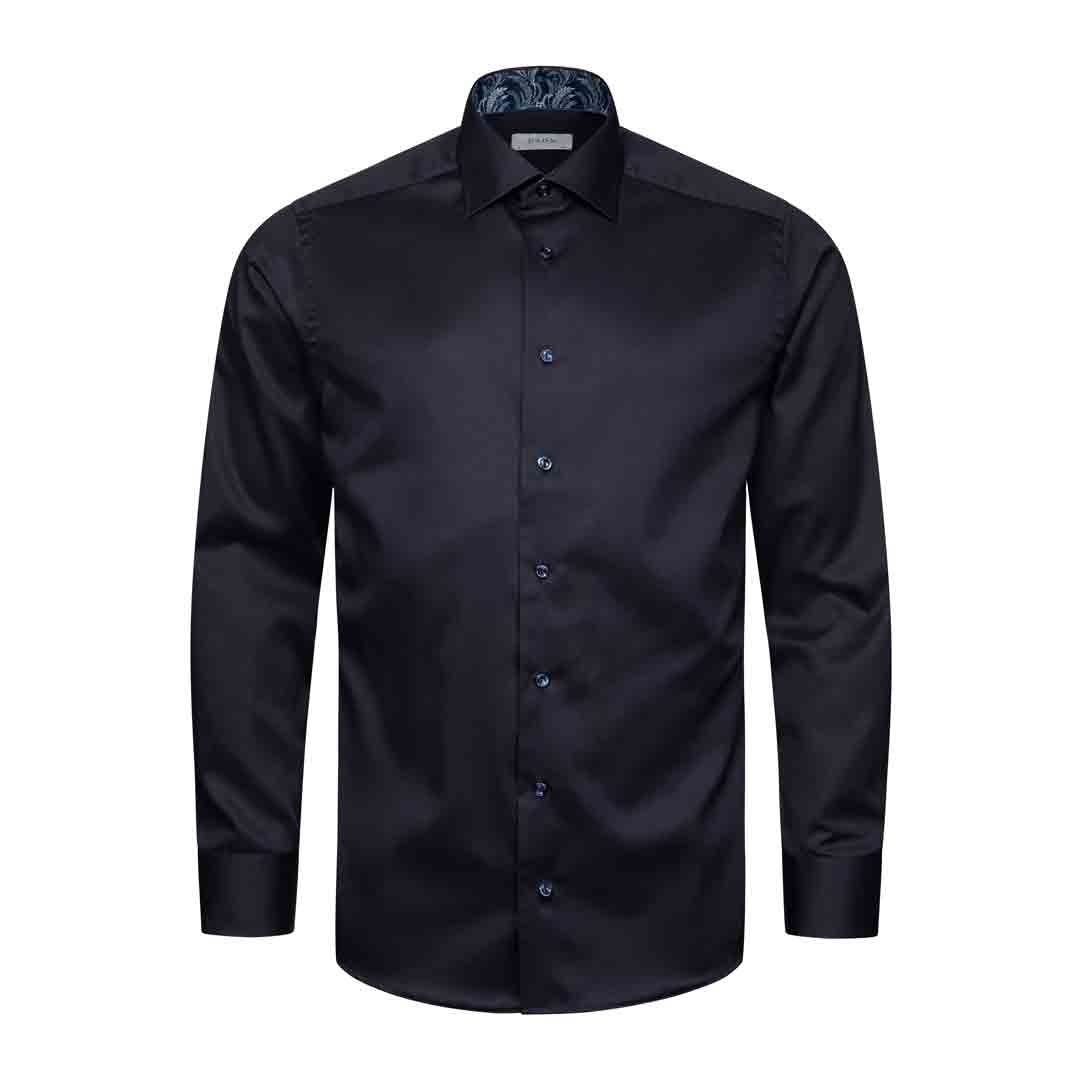 A men's long-sleeve dress shirt in black satin, featuring a pointed collar, button-down front, and matching dark buttons, displayed on a clean white background. Eton Shirt available at Sakks Menswear in Southampton.
