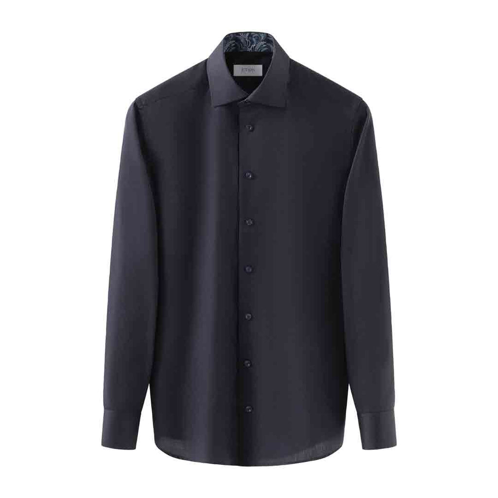 A dark navy long-sleeve button-up shirt with a classic collar, displayed on a clean white background. Eton Shirt available at Sakks Menswear in Southampton.