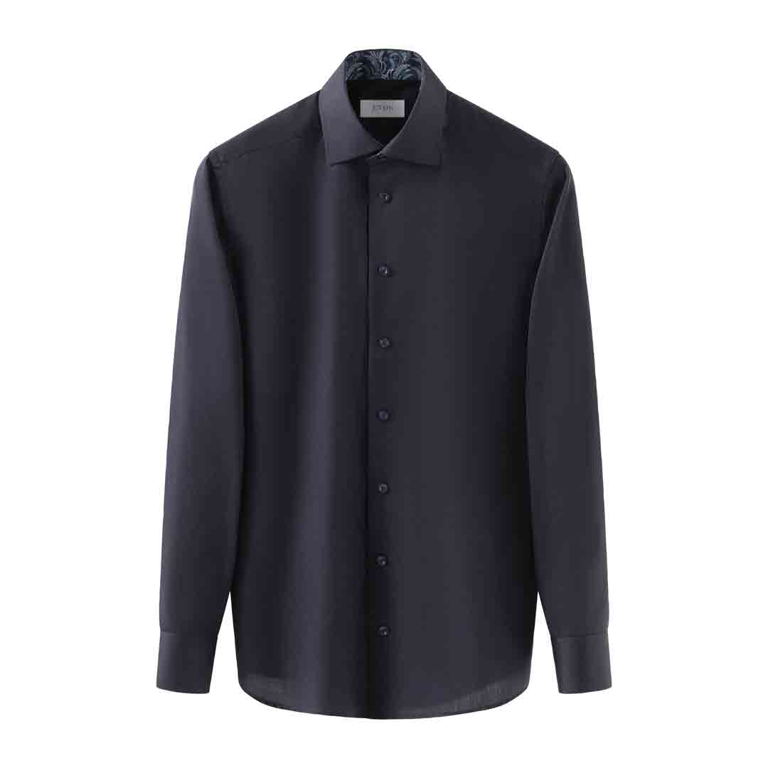 A dark navy long-sleeve button-up shirt with a classic collar, displayed on a clean white background. Eton Shirt available at Sakks Menswear in Southampton.