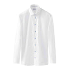 A white long-sleeve button-down dress shirt with a classic collar and light blue buttons, shown against a plain white background. Eton Shirt available at Sakks Menswear in Southampton.