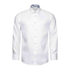 A white long-sleeve dress shirt with a pointed collar, button-down front, and a blue paisley patterned inner collar, shown on a plain white background. Eton Shirt available at Sakks Menswear in Southampton.