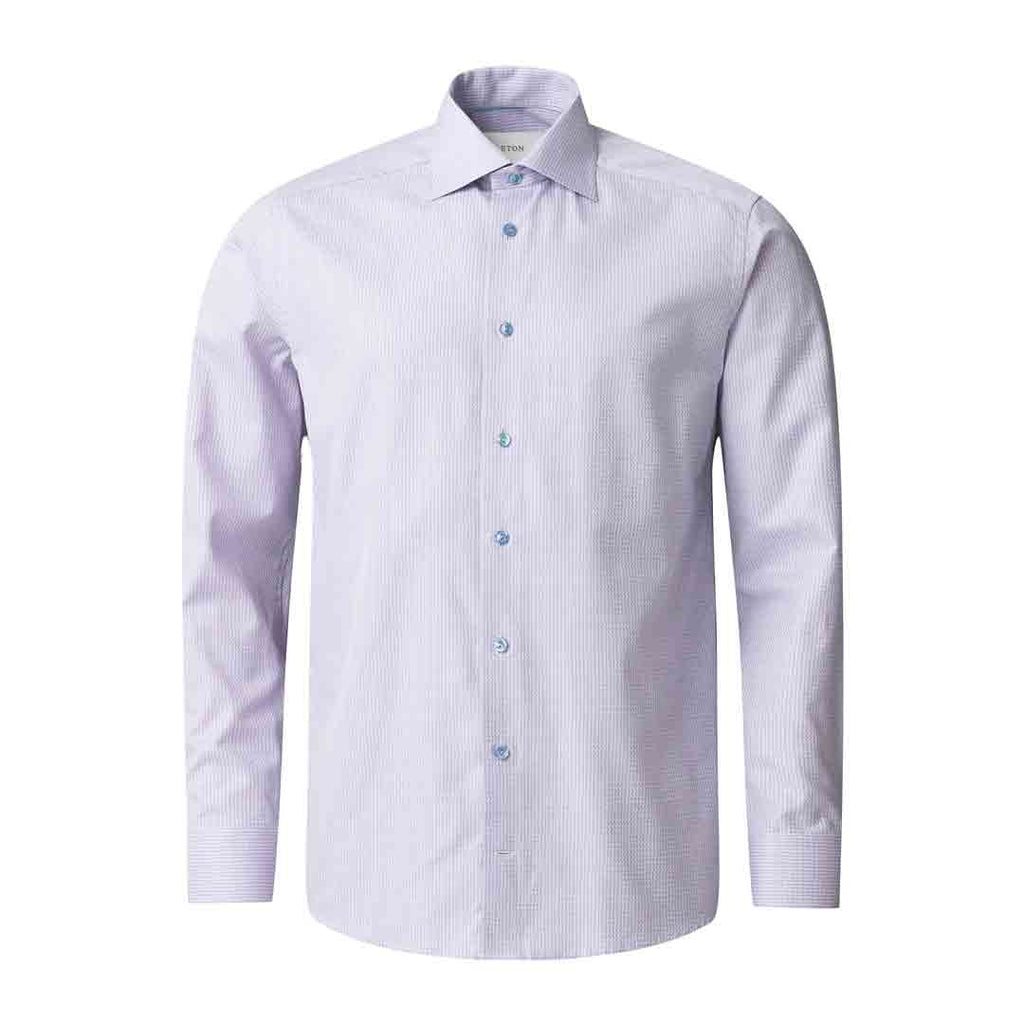 A light lavender and white micro-check patterned long-sleeve dress shirt with a classic collar and button-down front, shown on a plain white background. Eton Shirt available at Sakks Menswear in Southampton.