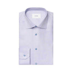 A folded light purple and white micro-check patterned dress shirt with a pointed collar, button-down front, and a visible ETON brand label inside the collar. Eton Shirt available at Sakks Menswear in Southampton.