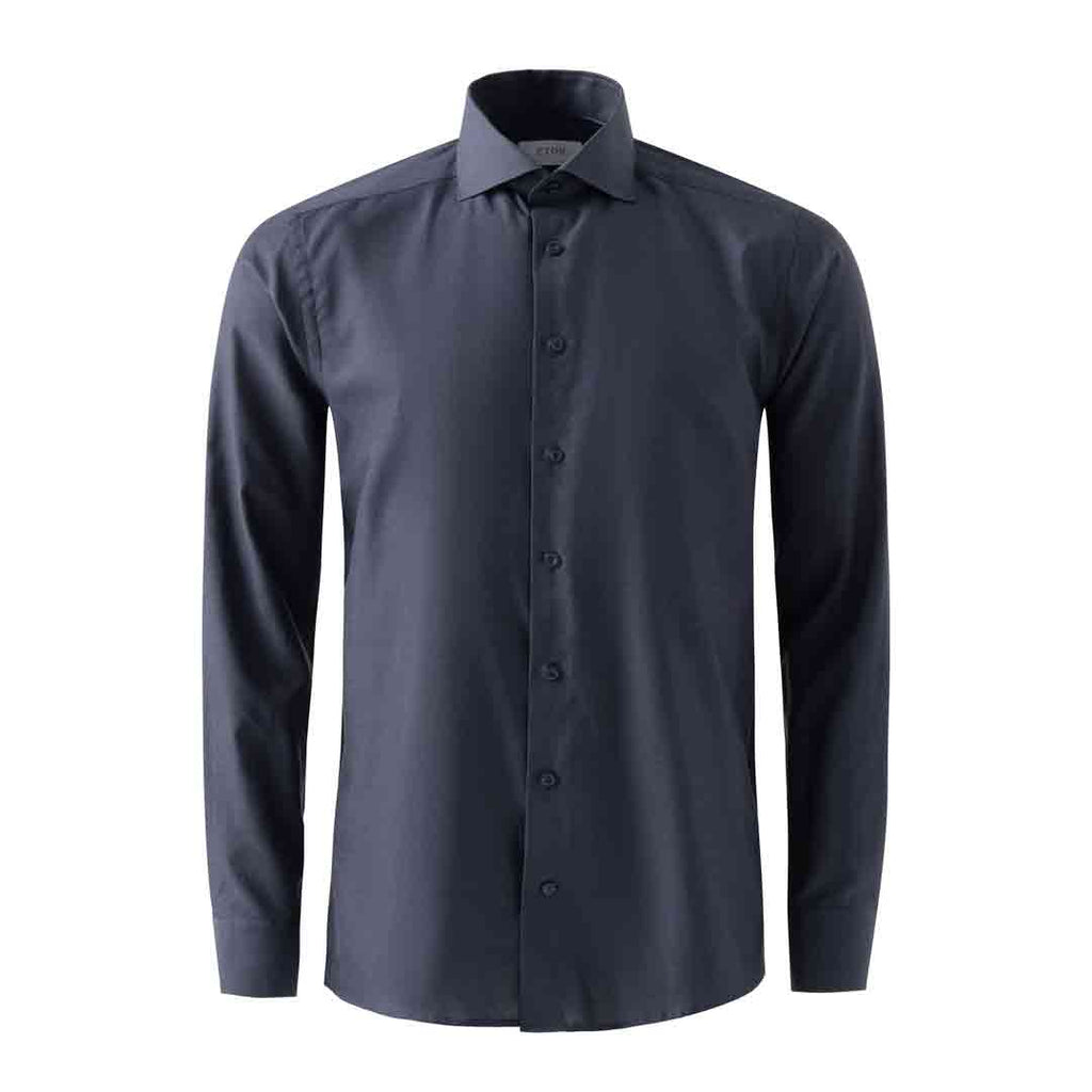 A dark navy blue long-sleeve button-down dress shirt with a classic pointed collar, shown on a plain white background. Eton Shirt available at Sakks Menswear in Southampton.