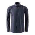 A dark navy blue long-sleeve button-down dress shirt with a classic pointed collar, shown on a plain white background. Eton Shirt available at Sakks Menswear in Southampton.