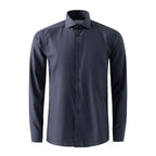 A dark navy blue long-sleeve button-down dress shirt with a classic pointed collar, shown on a plain white background. Eton Shirt available at Sakks Menswear in Southampton.