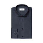 A dark charcoal gray ETON dress shirt folded neatly, showing a classic collar, button-down front, and a single cuff with a button, set against a plain white background. Eton Shirt available at Sakks Menswear in Southampton.