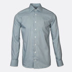 A light green long-sleeve button-down dress shirt with a classic collar and white buttons, displayed on a clean, light gray background. Eton Shirts available at Sakks Menswear in Southampton.