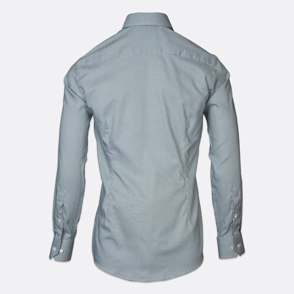 A light green long-sleeve button-down shirt shown from the back, displayed on a headless mannequin torso against a light gray background. Eton Shirts available at Sakks Menswear in Southampton.