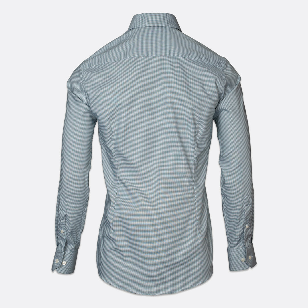 A light green long-sleeve button-down shirt shown from the back, displayed on a headless mannequin torso against a light gray background. Eton Shirts available at Sakks Menswear in Southampton.