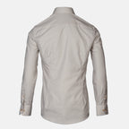 A light beige long-sleeve button-down shirt shown from the back, displayed on a headless mannequin against a light grey background.  Eton shirts available at Sakks Menswear in Southampton.